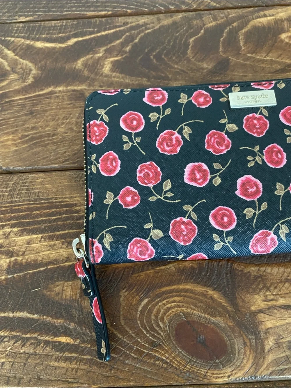 Kate Spade Black Rose Zip-Around Wallet